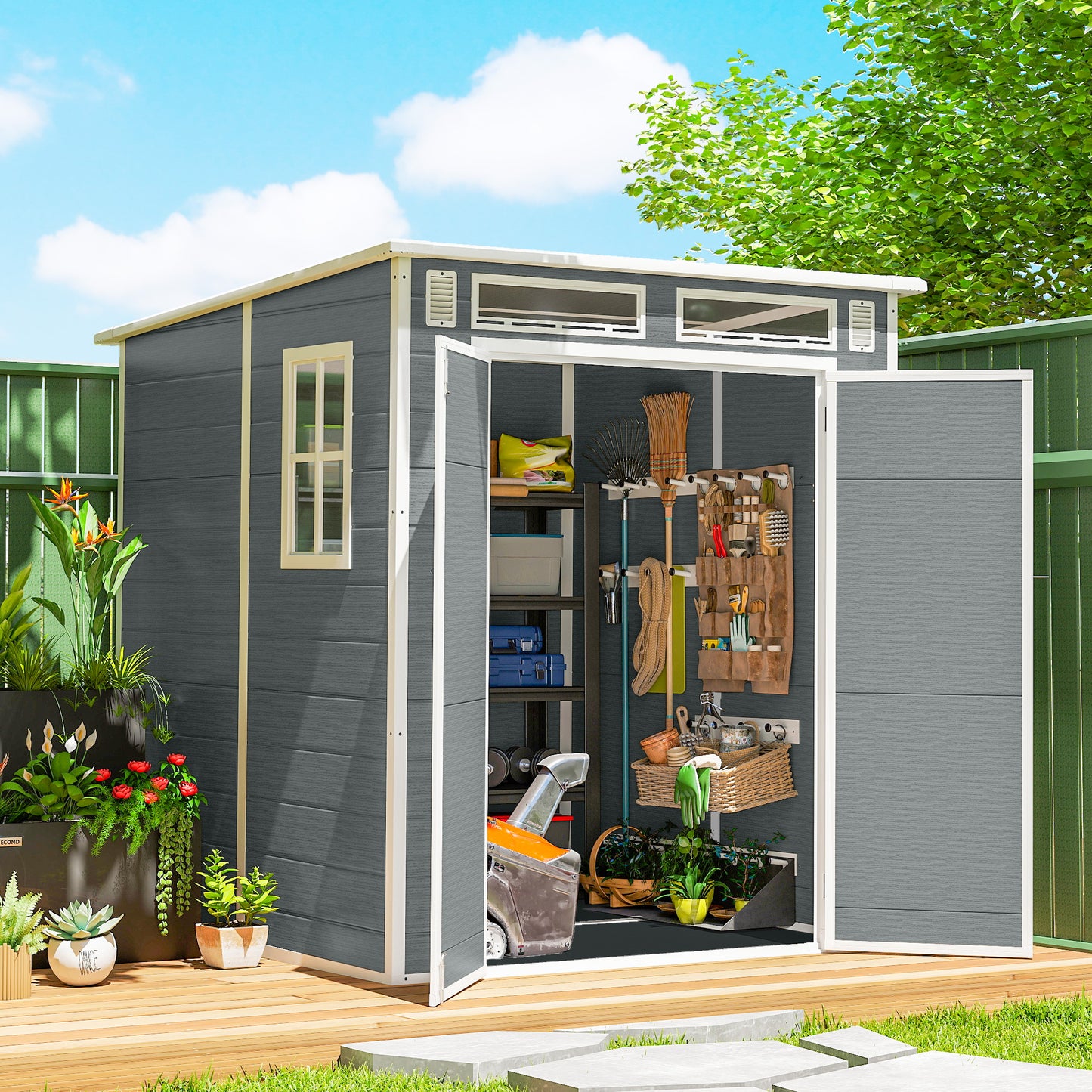6 x 6 ft Plastic Garden Shed, Wood-Effect Outdoor Storage Shed with Floor, Windows, Lockable Doors and Vents, Grey