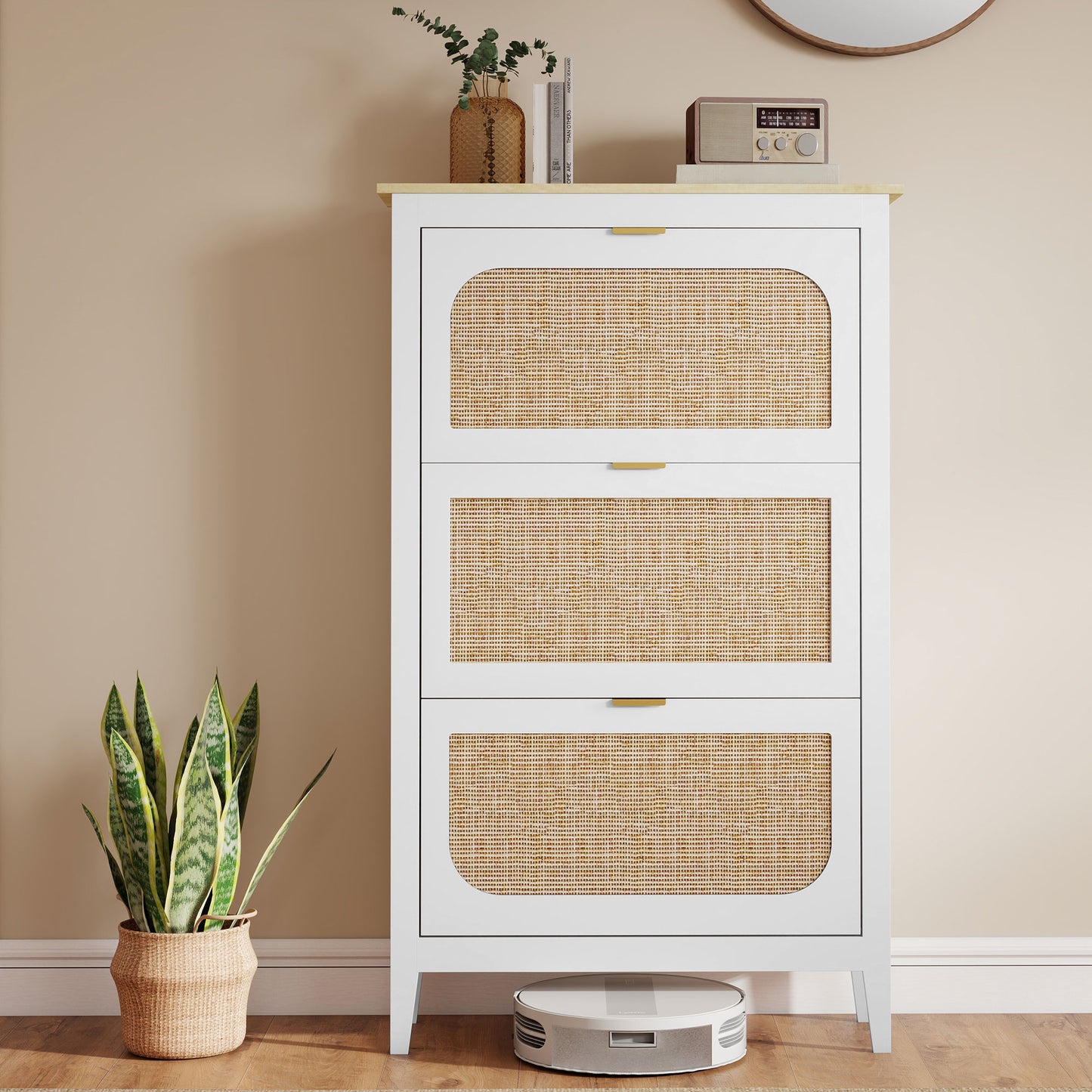 Narrow Shoe Cabinet, Boho Slim Shoe Storage Cabinet with 3 Flip Drawers, Holds 21 Pairs, White