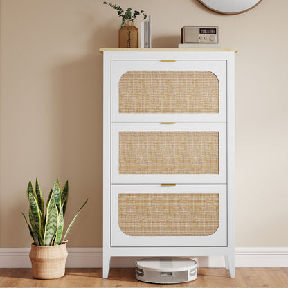 Narrow Shoe Cabinet, Boho Slim Shoe Storage Cabinet with 3 Flip Drawers, Holds 21 Pairs, White