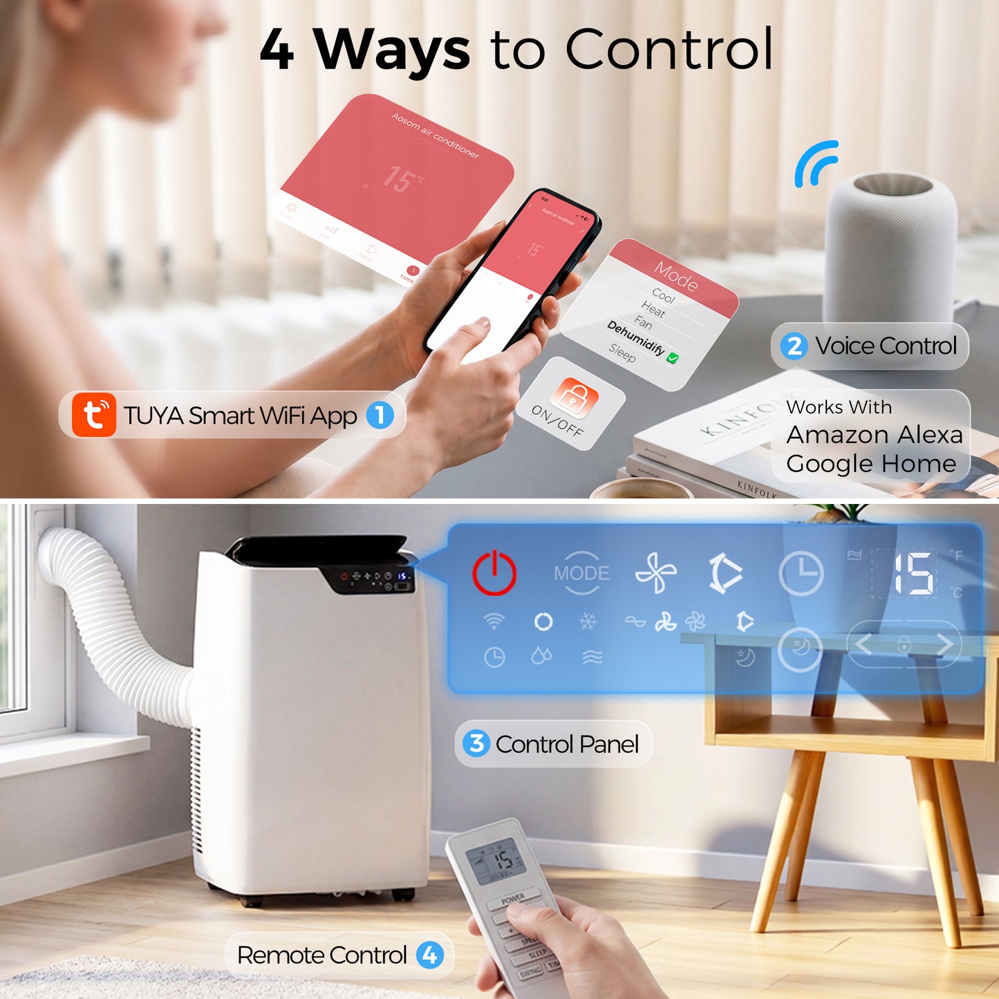 Portable Air Conditioner 12000 BTU, 4-in-1 AC Unit with Cool, Dehumidifier, Fan, Sleep Mode, WiFi Voice Remote Control