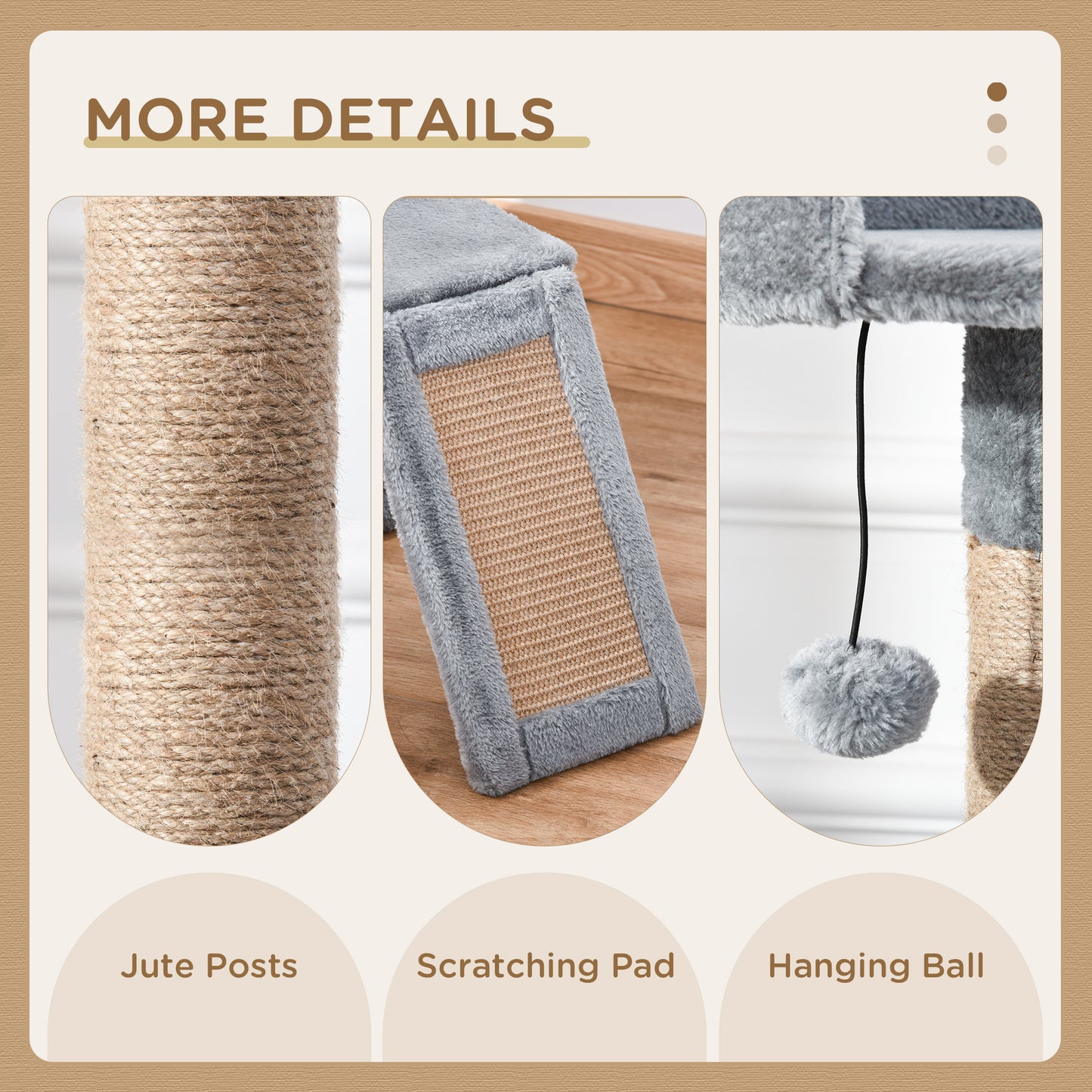 Cat Tree Tower 142cm Climbing Kitten Activity Center with Jute Scratching Post Board, Removable Felt Hanging Toy, Grey