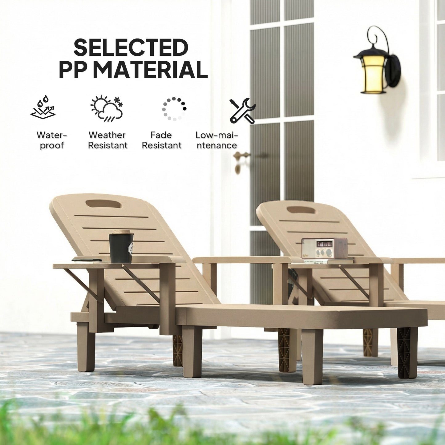 Set of 2 Reclining Sun Loungers, 5 Positions Adjustable Outdoor Chaise Lounge Chair with Armrests, Khaki