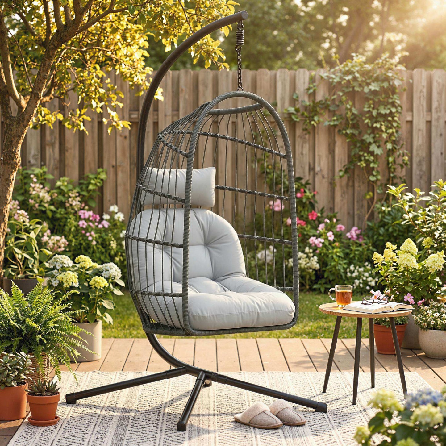 Hanging Egg Chair, Indoor Outdoor Hammock Swing Chair with Stand, Safety Strap, Foldable Basket, Dark/Light Grey
