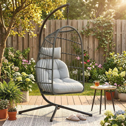 Hanging Egg Chair, Indoor Outdoor Hammock Swing Chair with Stand, Safety Strap, Foldable Basket, Dark/Light Grey