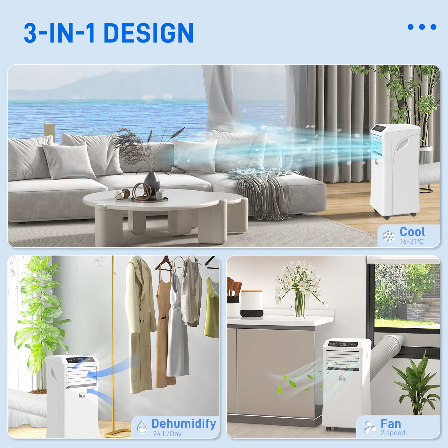 9000 BTU Air Conditioning Unit, 3-in-1 Portable Air Conditioner, Dehumidifier, Cooling Fan with Remote Control
