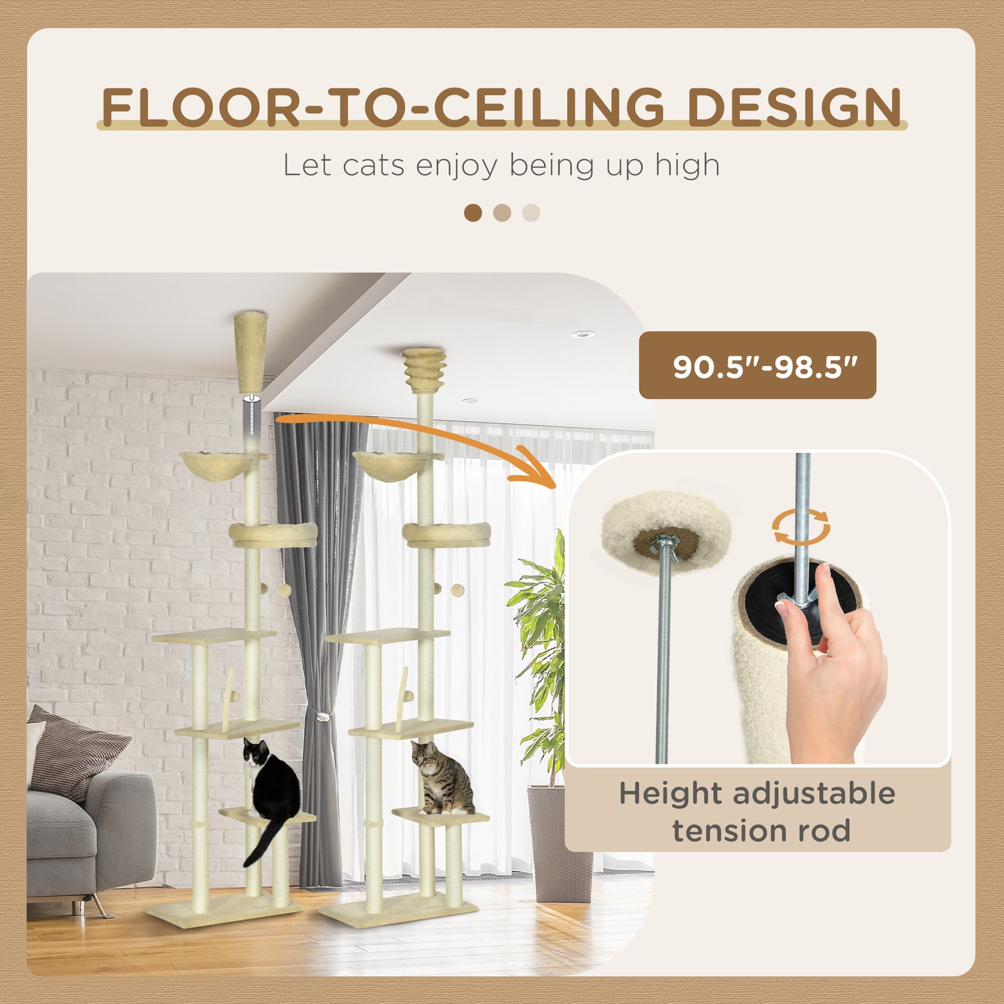 230-250cm Floor-to-Ceiling Climbing Cat Tree Tower - Beige