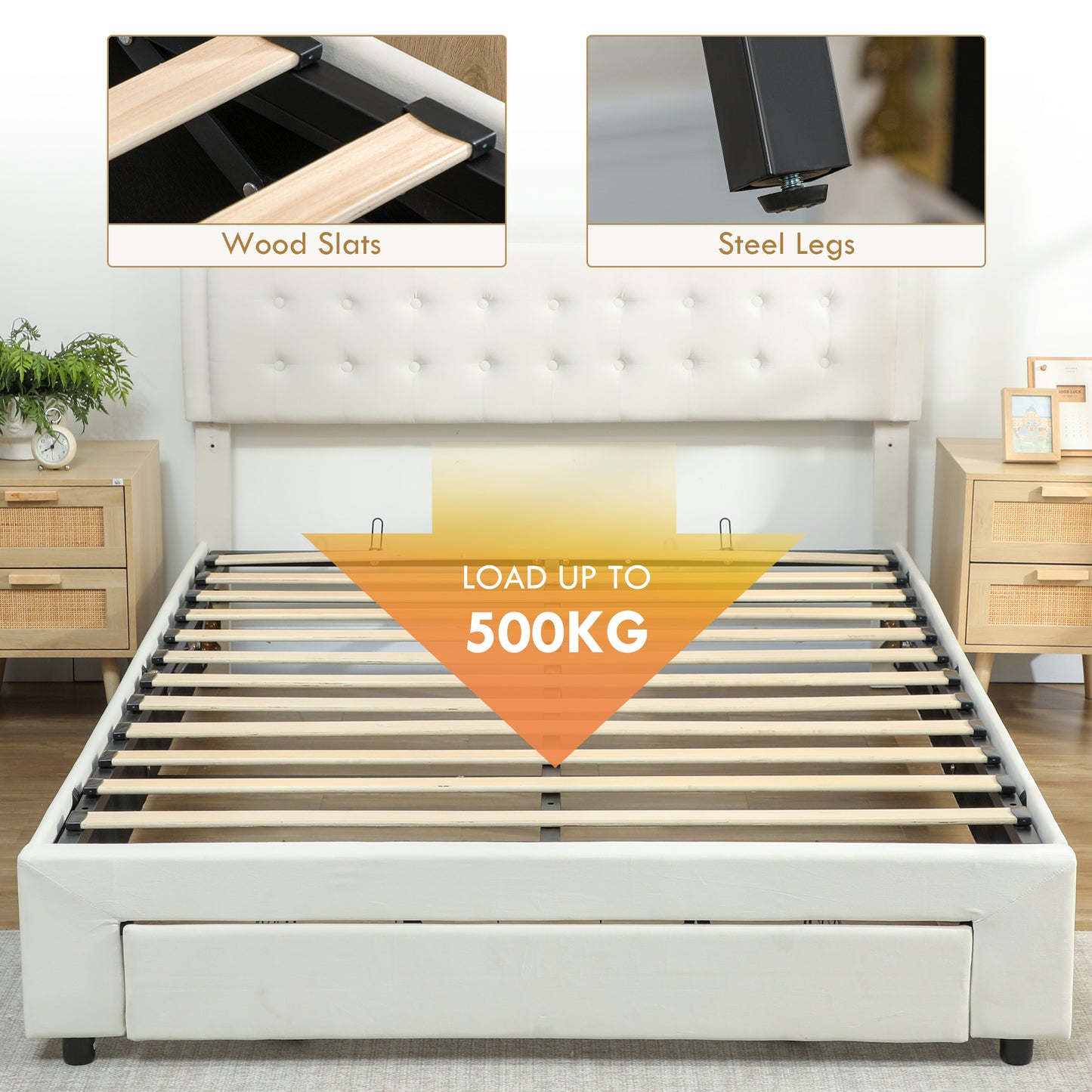 King Size Ottoman Bed Frame, with Front Drawer - Cream