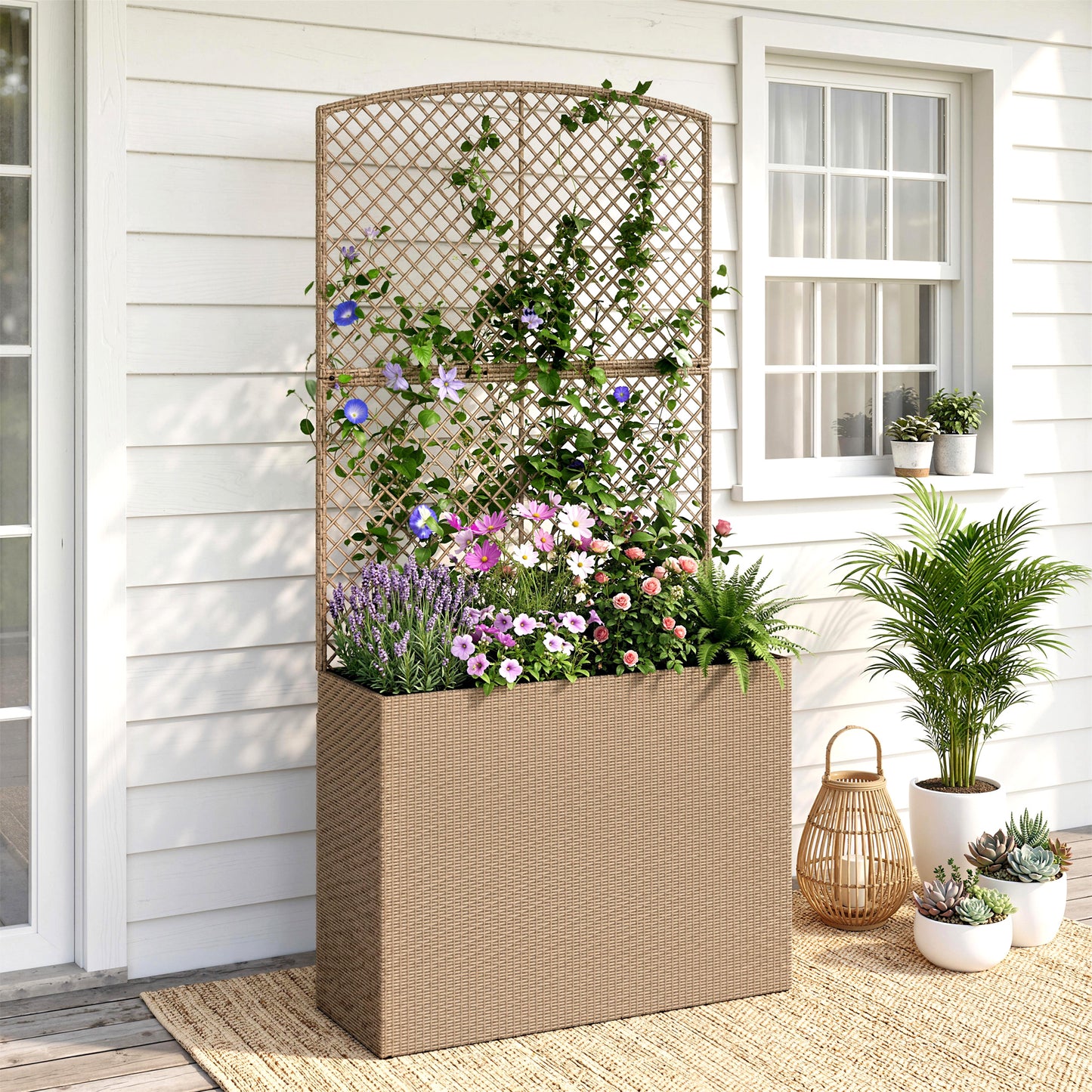 Rattan Planter with Trellis, Raised Beds for Garden with Liner for Climbing Plants Vegetables Flowers, Light Grey