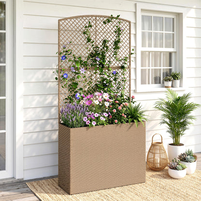 Rattan Planter with Trellis, Raised Beds for Garden with Liner for Climbing Plants Vegetables Flowers, Light Grey