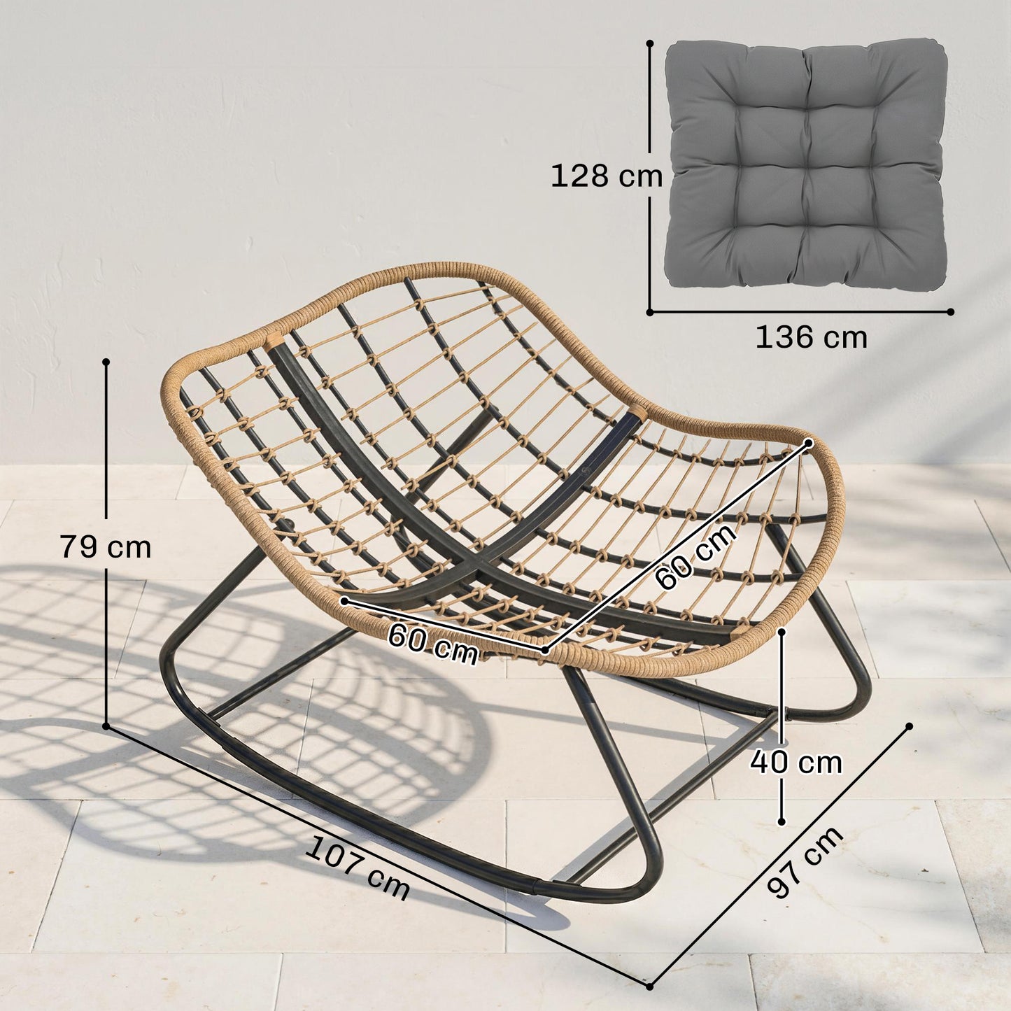 Indoor Outdoor Rocking Chair, Oversized Rocking Egg Chair with Cushion for Living Room, Garden, Patio, Grey