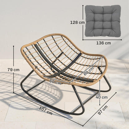 Indoor Outdoor Rocking Chair, Oversized Rocking Egg Chair with Cushion for Living Room, Garden, Patio, Grey