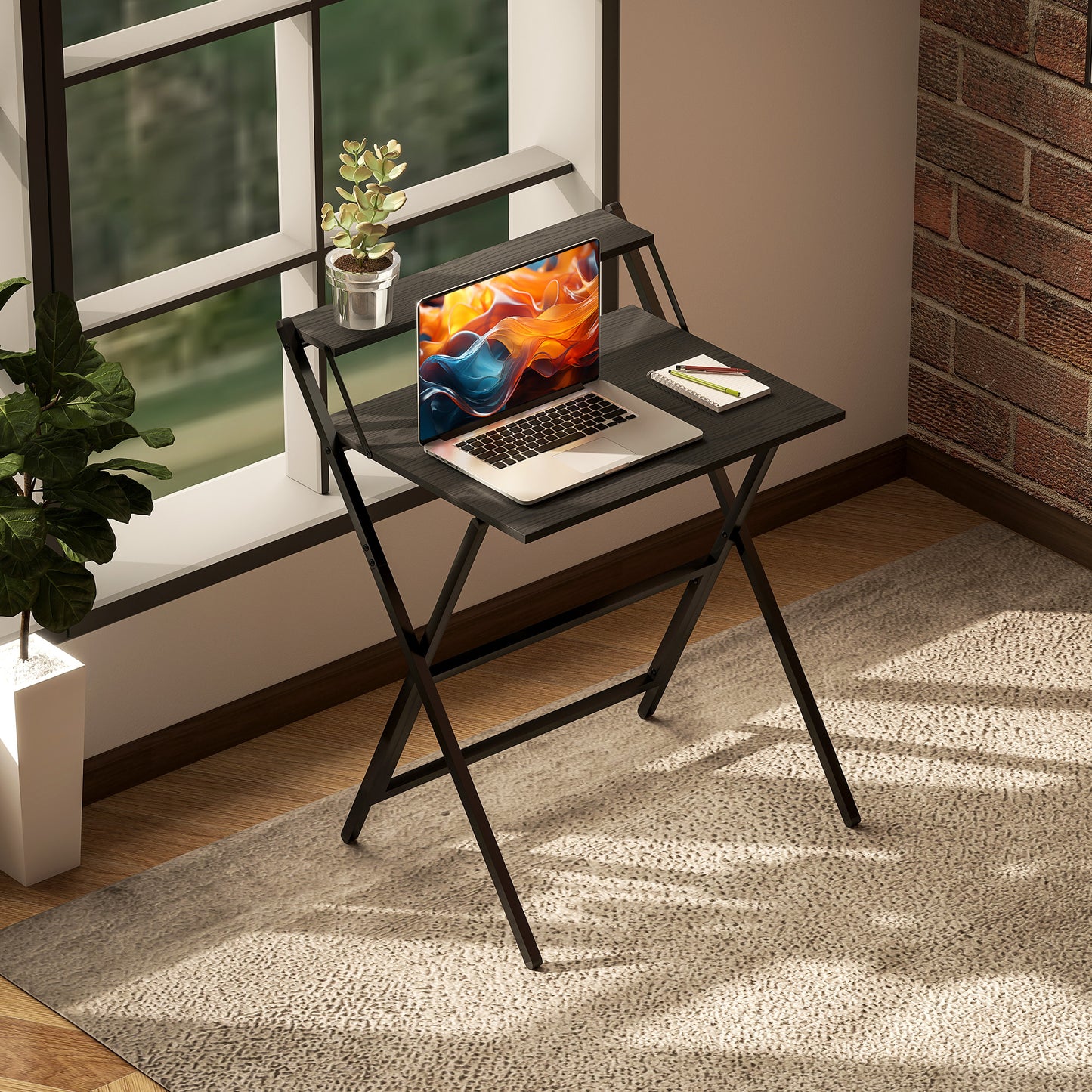 70 cm Folding Computer Desk with Monitor Shelf - Black