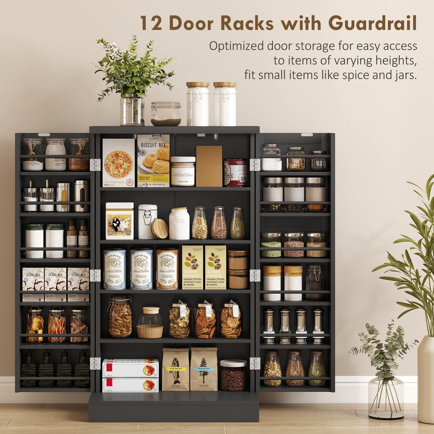 Kitchen Cupboard, Freestanding Multi-Storage Kitchen Pantry Cabinet with Adjustable Shelves, Black