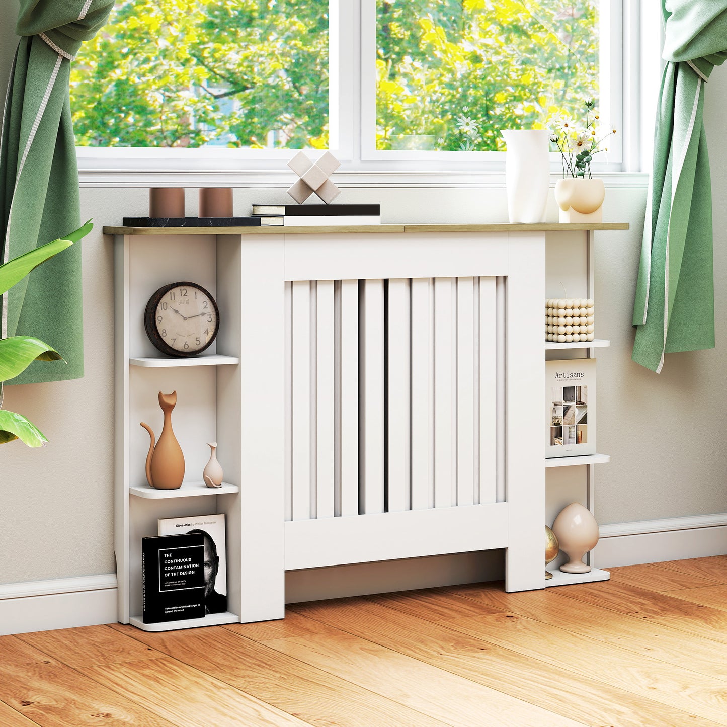 Radiator Cover with Open Storage Shelves, Vertical Slatted Cabinet Shelf Heater Cover for Living Room, Hallway, Medium, White