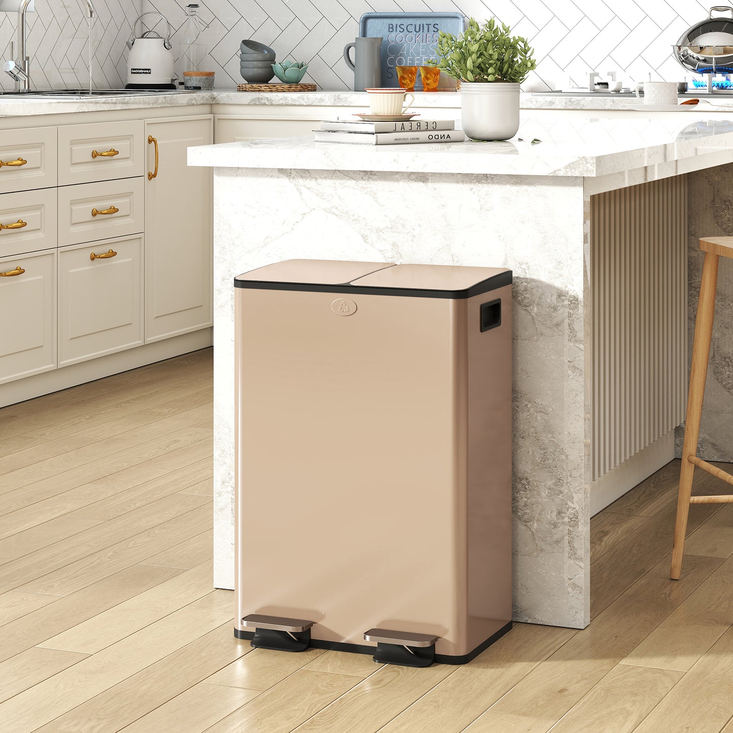 56L Dual Compartment Stainless Steel Bin, with Deodoriser Holders - Gold Tone