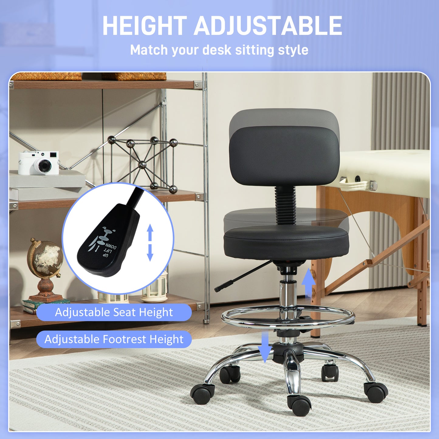 Drafting Chair, Office Chair with Backrest and Adjustable Footrest, Height Adjustable Stool