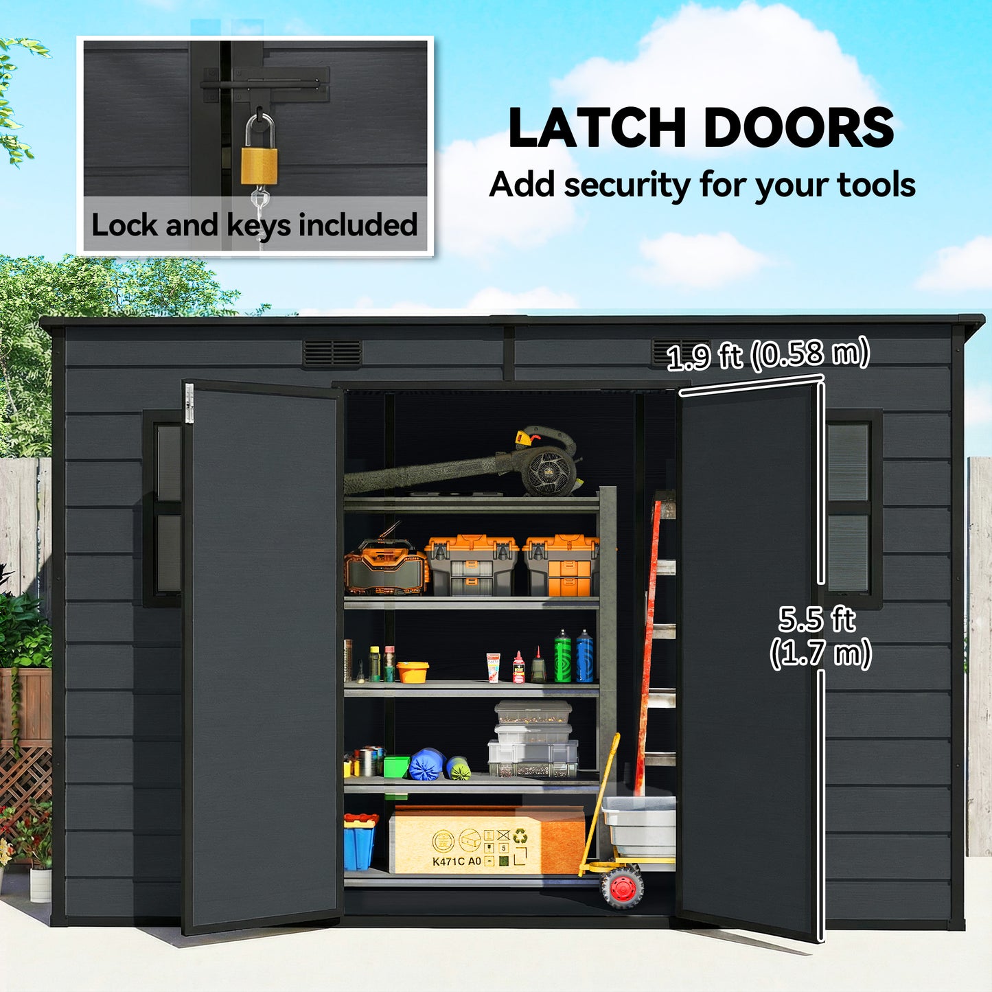 10 x 4 ft Resin Garden Shed, Outdoor Storage Shed with Floor, Windows, Lockable Doors and Vents, Dark Grey