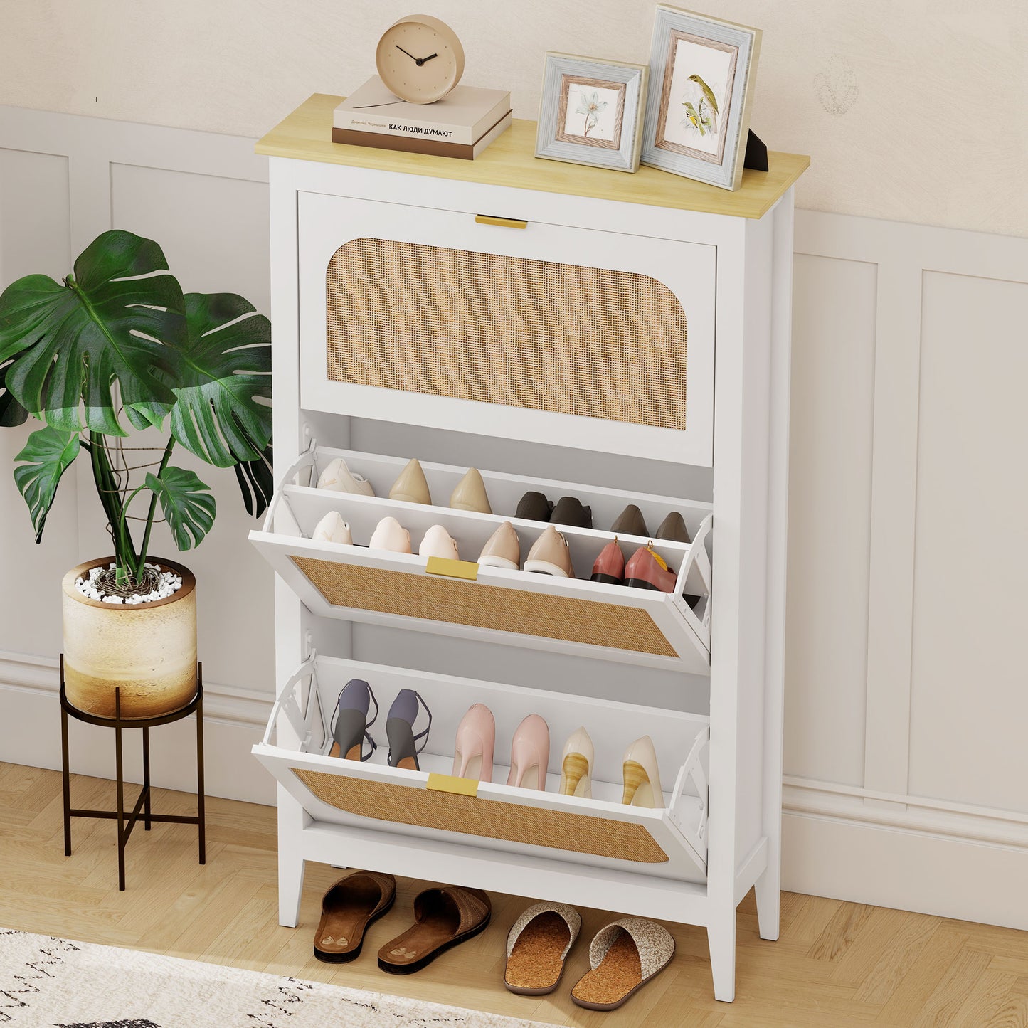 Narrow Shoe Cabinet, Boho Slim Shoe Storage Cabinet with 3 Flip Drawers, Holds 21 Pairs, White