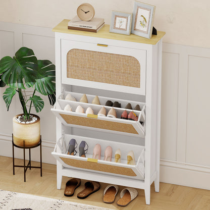 Narrow Shoe Cabinet, Boho Slim Shoe Storage Cabinet with 3 Flip Drawers, Holds 21 Pairs, White