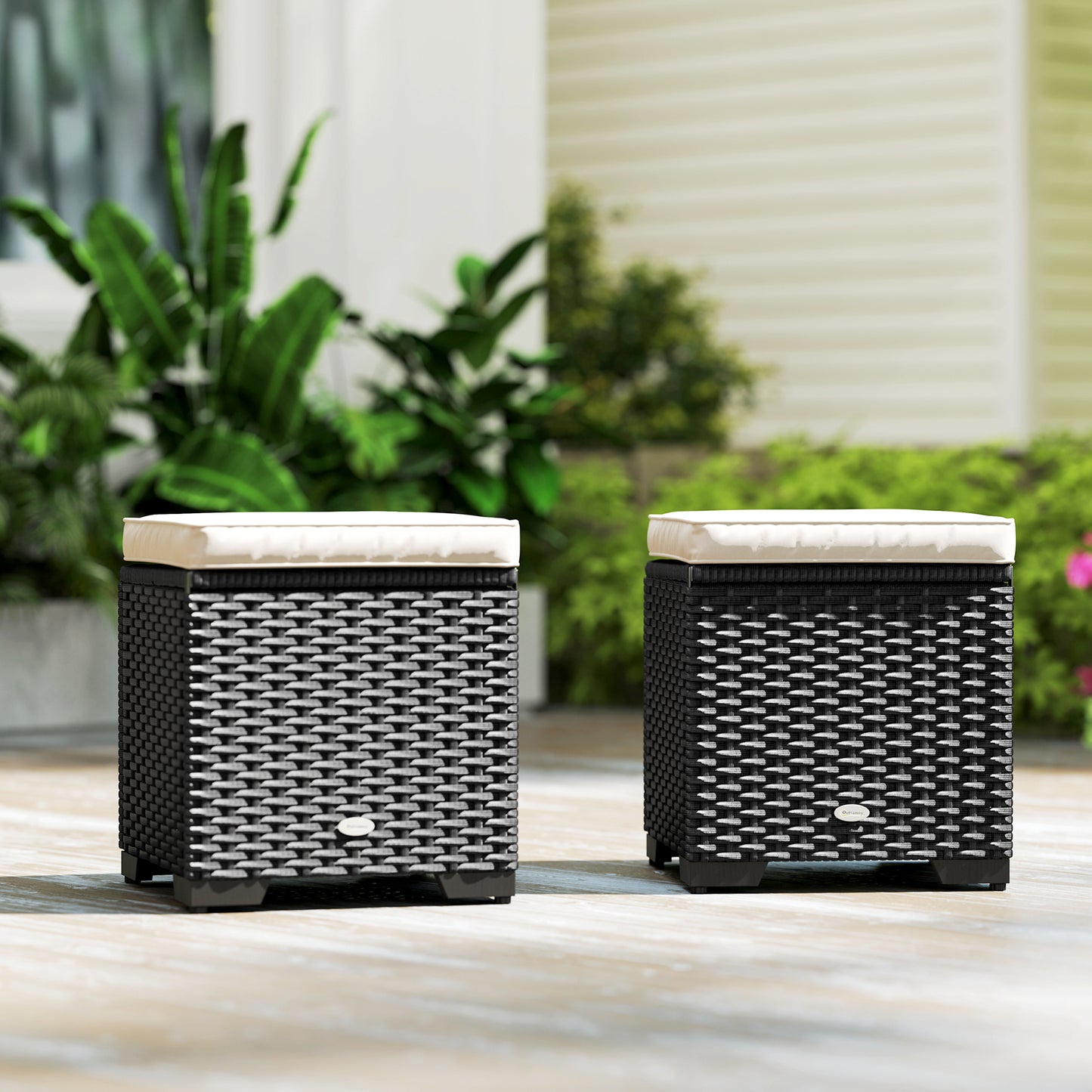 Set of 2 Rattan Storage Ottoman, Outdoor Footstool with Removable Cushions, Garden Storage Seat for Balcony, Porch