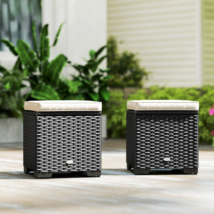 Set of 2 Rattan Storage Ottoman, Outdoor Footstool with Removable Cushions, Garden Storage Seat for Balcony, Porch