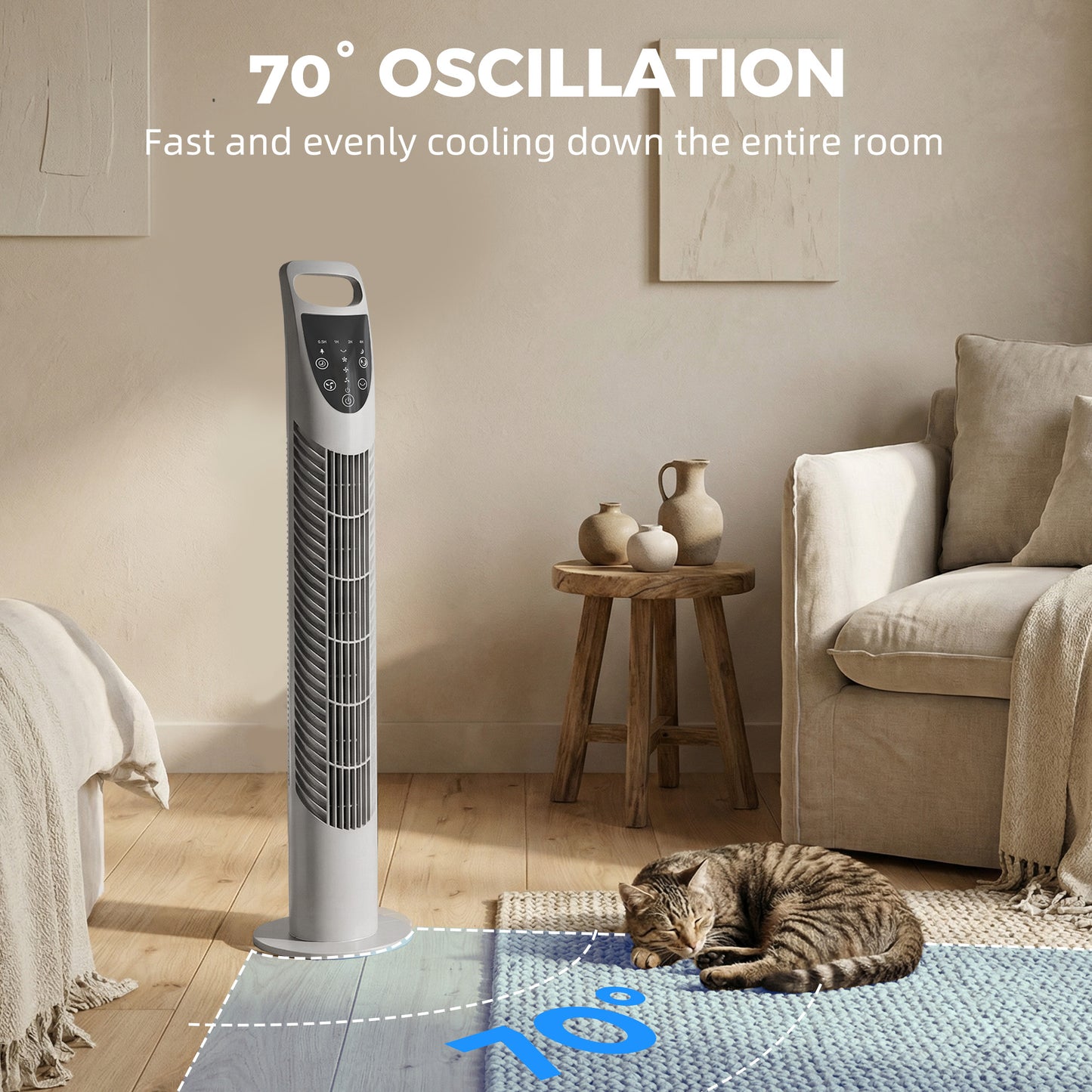 Tower Fan Oscillating 3 Speeds 3 Winds 40W w/ RC Timer Quiet - Grey