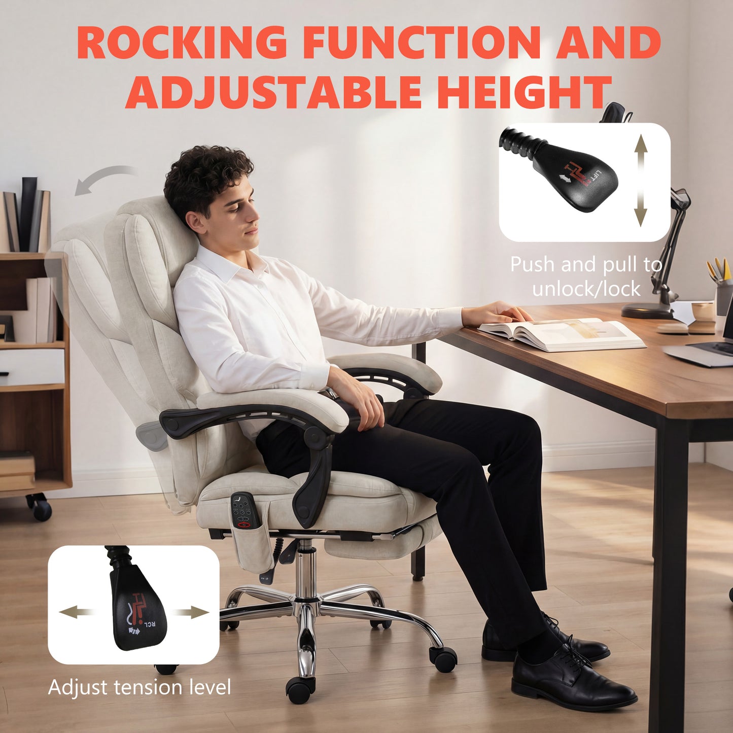 Office Chair with 6-point Vibration Massage and Heat, Fabric Desk Chair with Footrest, High Back, Cream White