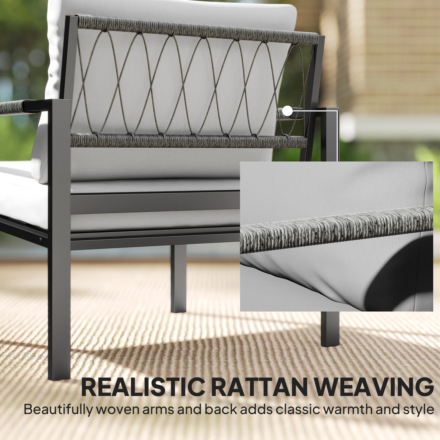 5 Piece Metal Garden Furniture Sofa Set with Thickened Cushions, Loveseat, 2 Armchairs, 2 Coffee Tables, Light Grey