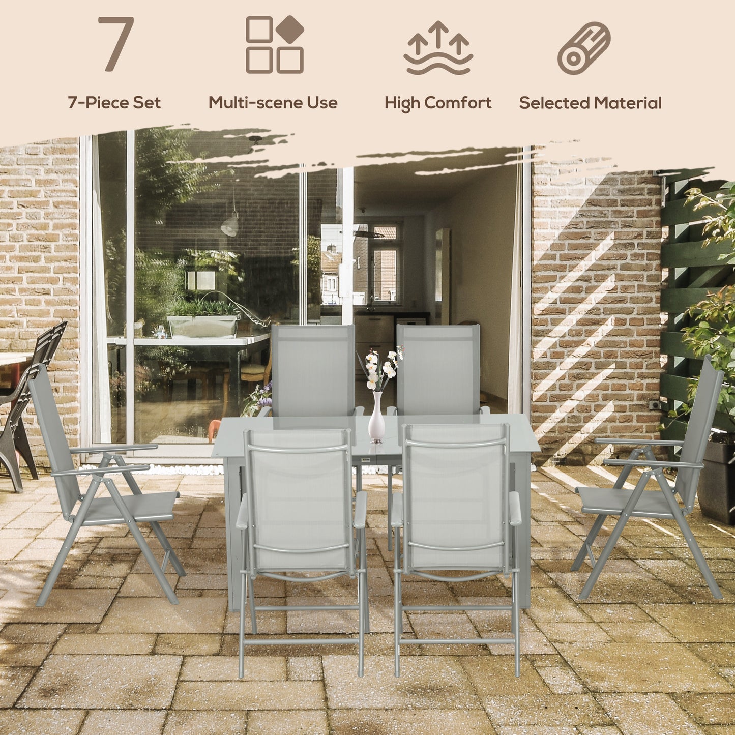 7 Piece Garden Dining Set, Outdoor Table and 6 Folding and Reclining Chairs, Aluminium Frame, Tempered Glass Top Table