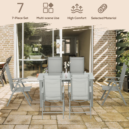 7 Piece Garden Dining Set, Outdoor Table and 6 Folding and Reclining Chairs, Aluminium Frame, Tempered Glass Top Table