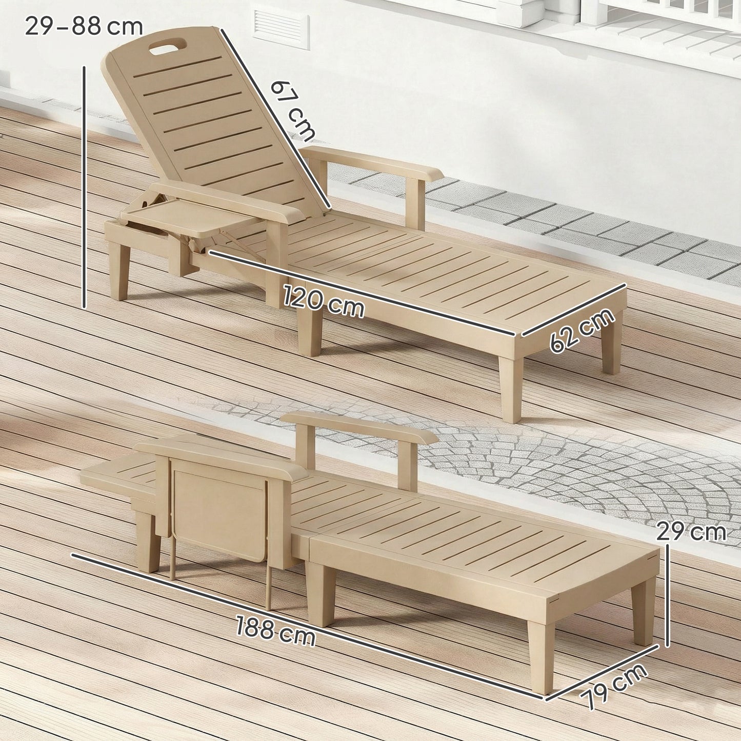 Set of 2 Reclining Sun Loungers, 5 Positions Adjustable Outdoor Chaise Lounge Chair with Armrests, Khaki