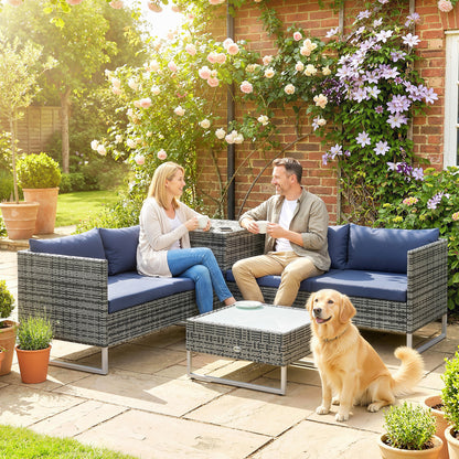 4 Piece Rattan Garden Furniture Set, Outdoor Corner Sofa Set with Storage Table, Loveseats, Cushions - Dark Blue