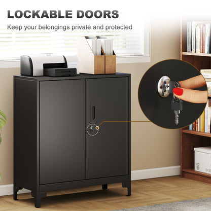Lockable Metal Filing Cabinet, 2-Tier Storage Cupboard with Double Doors, Modern Office Organiser, Black
