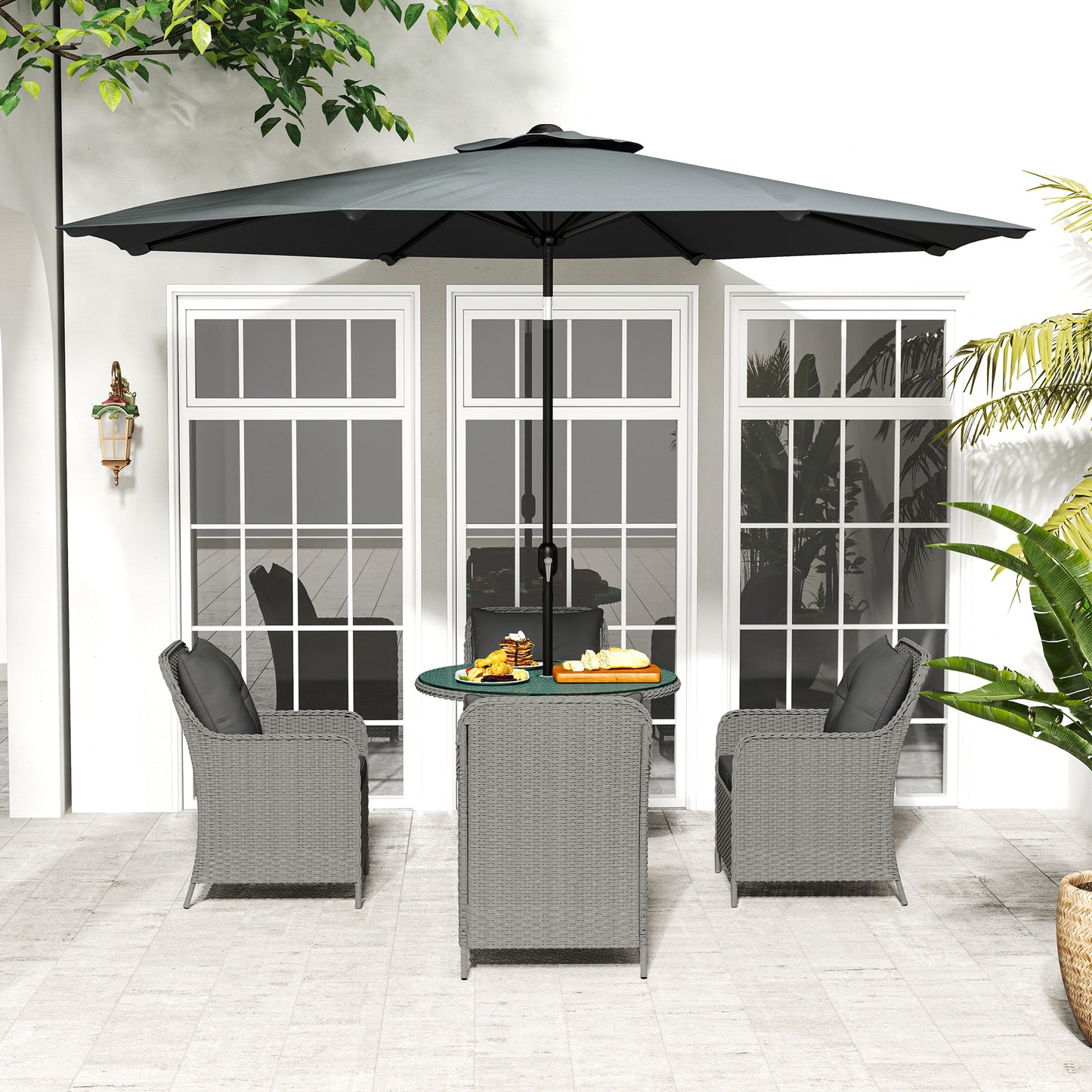 4 Seater Rattan Dining Set with Parasol & Cushions - Light Grey