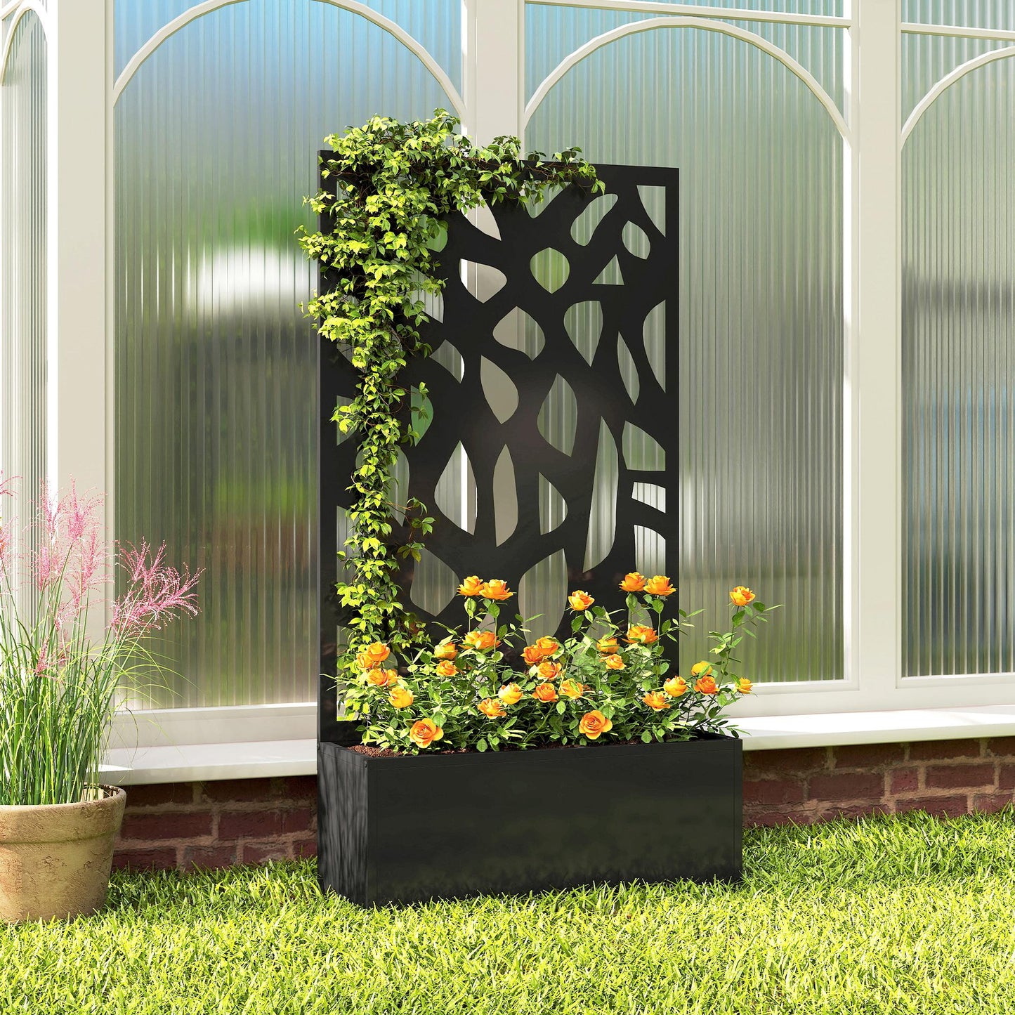 Metal Raised Garden Bed with Trellis, Outdoor Planter Box with Privacy Screen, Elevated Garden Box for Climbing Plants