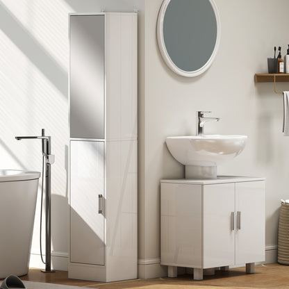 Tall Bathroom Cabinet with Mirror and Adjustable Shelf - High Gloss White
