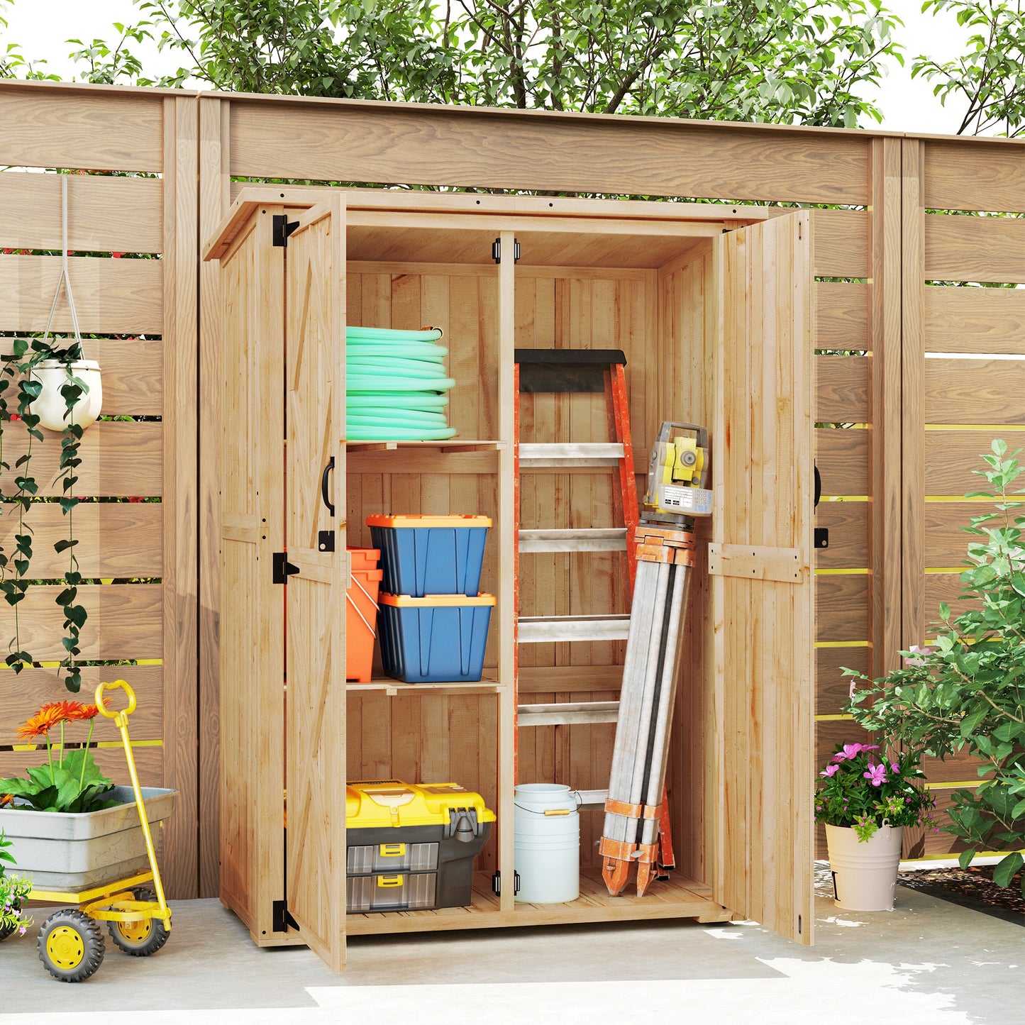 Wooden Garden Storage Shed, Tool Storage Cabinet with Asphalt Roof and 2 Shelves for Garden Tools, Equipment