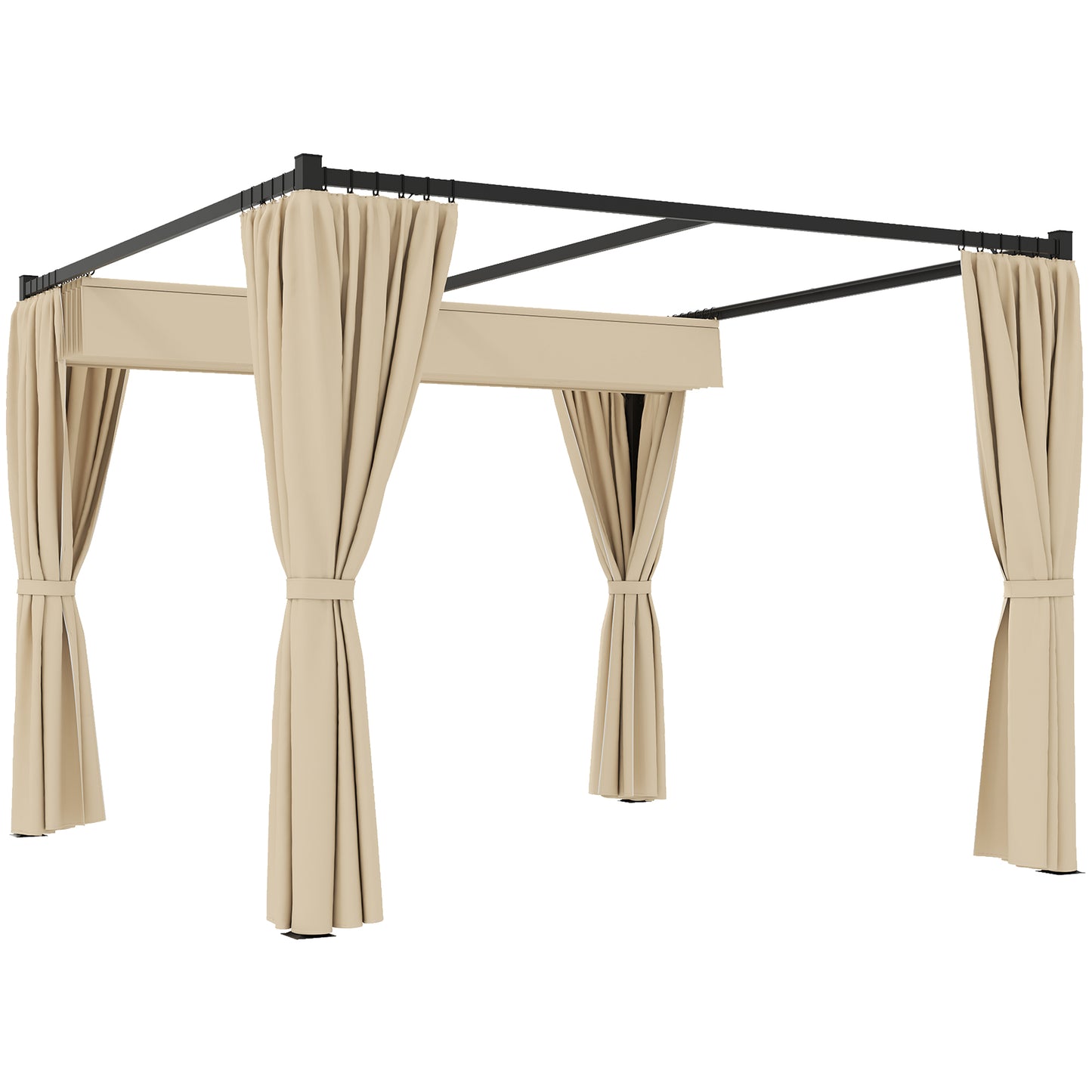 3 x 3(m) Retractable Pergola, Garden Gazebo Shelter with Curtains, for Grill, Patio, Deck, Beige