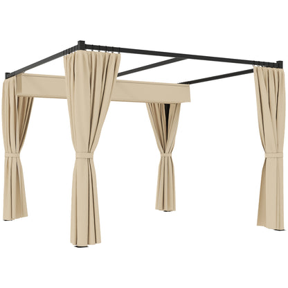 3 x 3(m) Retractable Pergola, Garden Gazebo Shelter with Curtains, for Grill, Patio, Deck, Beige