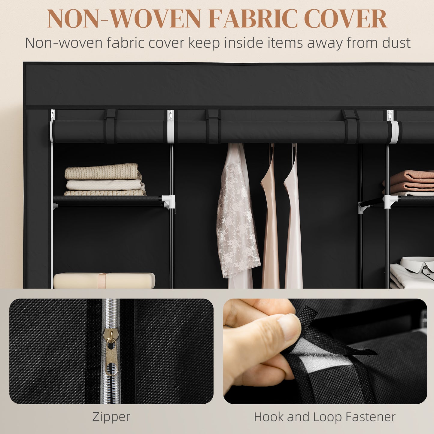Portable Wardrobe, Foldable Fabric Wardrobe, 150 x 43 x 162.5cm, Clothes Storage Organiser with Hanging Rail, Shelves