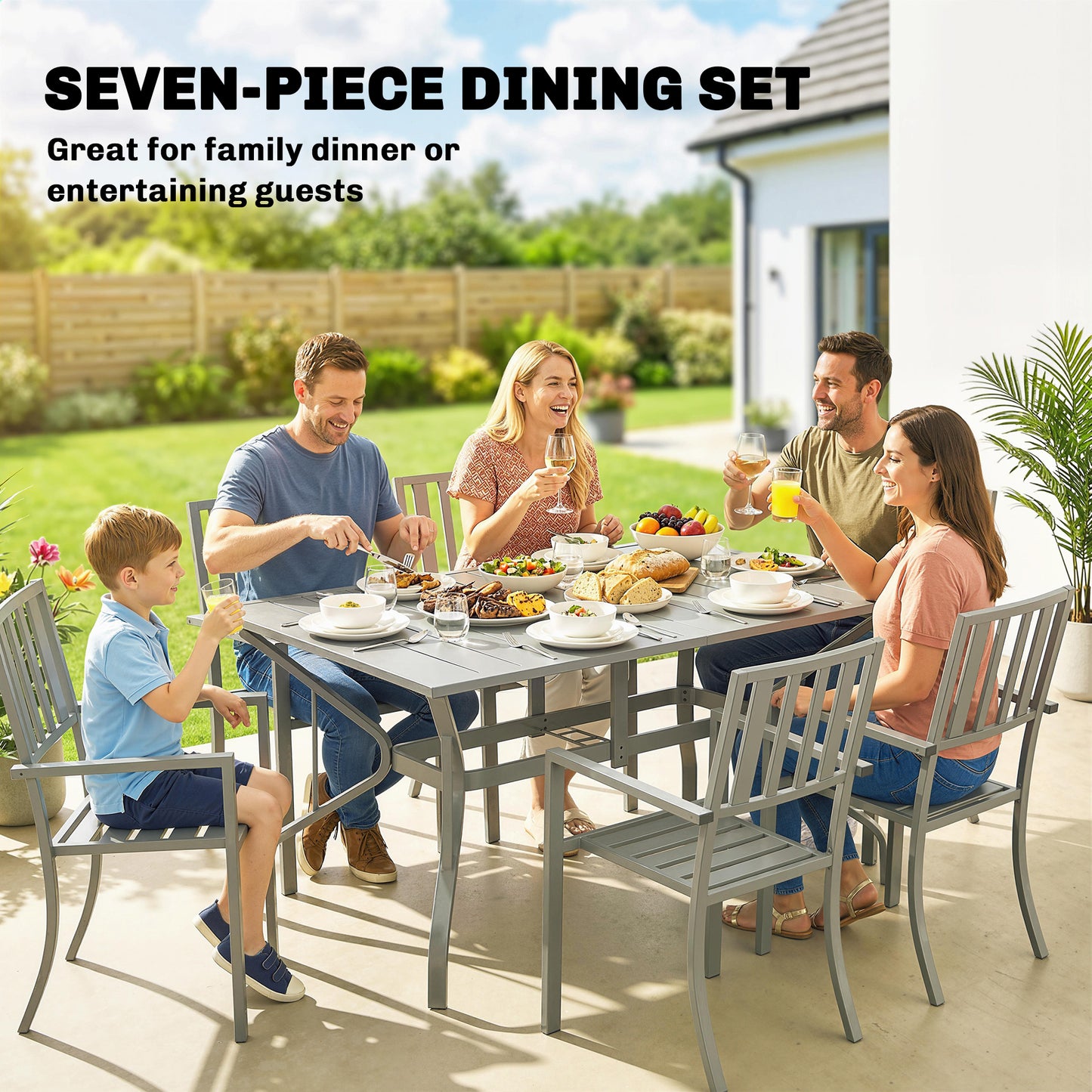 7 Pieces Garden Table and Chairs, 6 Seater Outdoor Table and Chairs with Umbrella Hole, for Garden, Light Grey