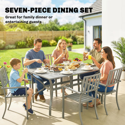 7 Pieces Garden Table and Chairs, 6 Seater Outdoor Table and Chairs with Umbrella Hole, for Garden, Light Grey