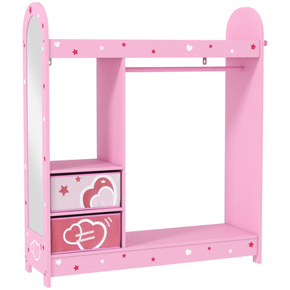 Kids Clothes Rail, Kids Wardrobe with Mirror, Shelves, Fabric Storage and Hooks for Bedroom, Nursery, Pink