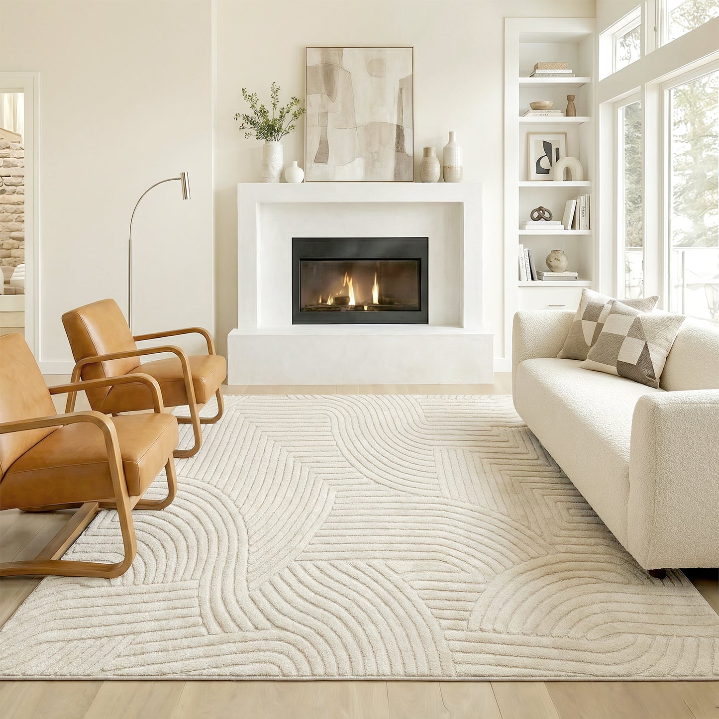 Modern Geometric Rug, Thick Plush, Non-Slip, 200 x 140 cm, Cream, Living Room, Bedroom, Office