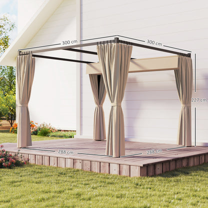 3 x 3m Retractable Roof Pergola, with Curtains - Khaki