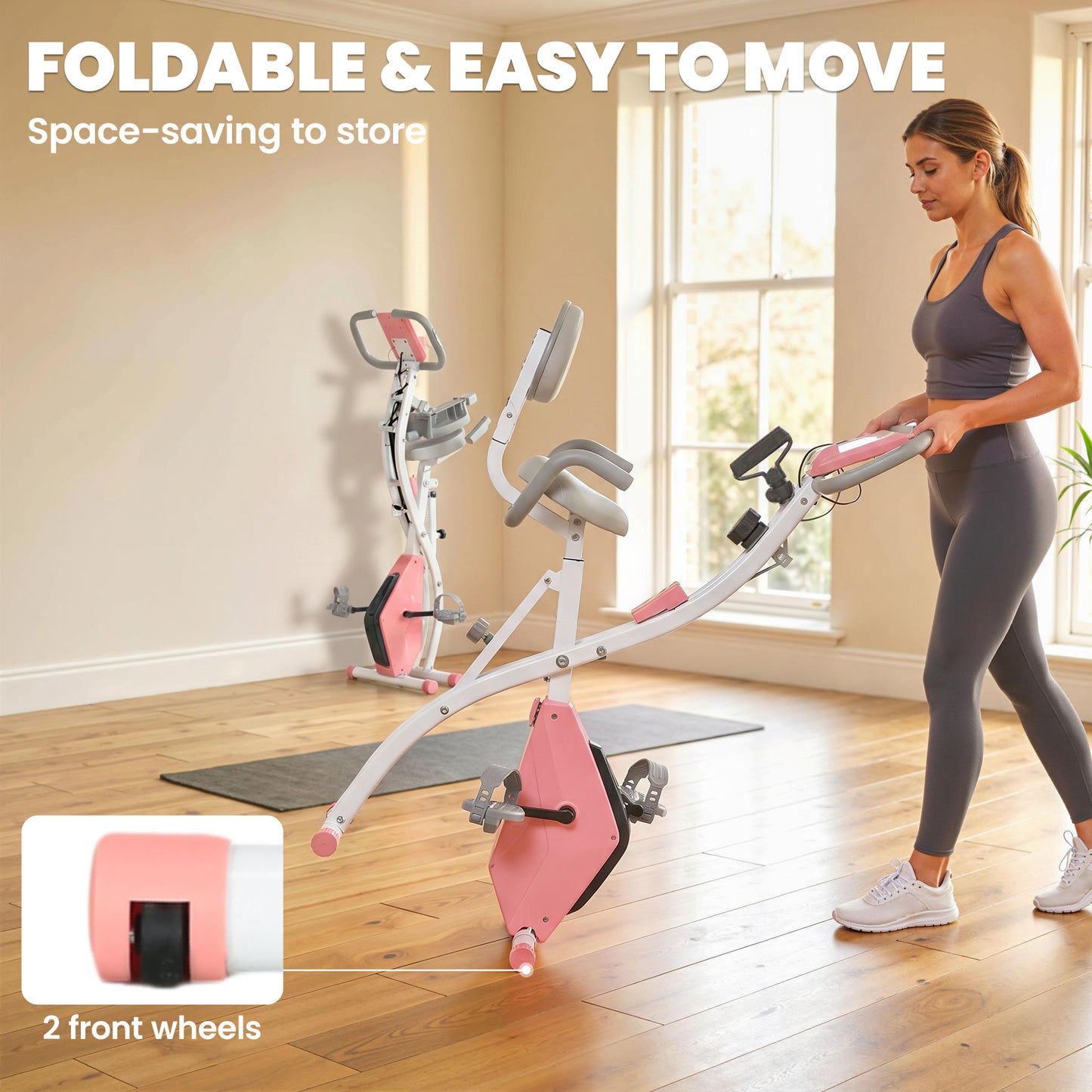 2-in-1 Folding Exercise Bike with 8-Level Magnetic Resistance, Arm Resistance Band, Pulse Sensor, Pink