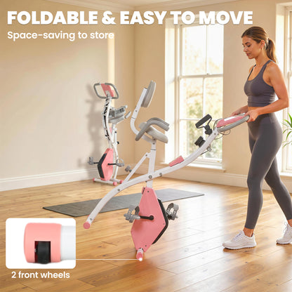2-in-1 Folding Exercise Bike with 8-Level Magnetic Resistance, Arm Resistance Band, Pulse Sensor, Pink