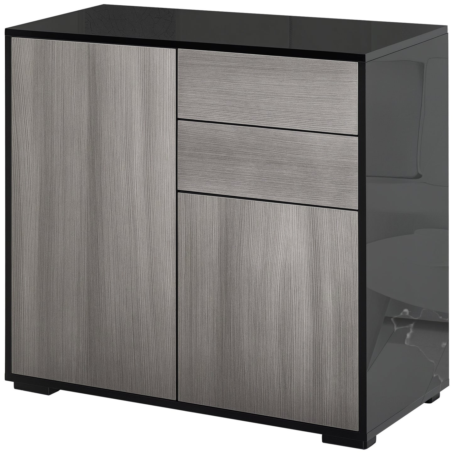 High Gloss Frame Sideboard, Push-Open Design with 2 Drawer for Living Room, Bedroom, 74H x 79W x 36Dcm, Light Grey and Black
