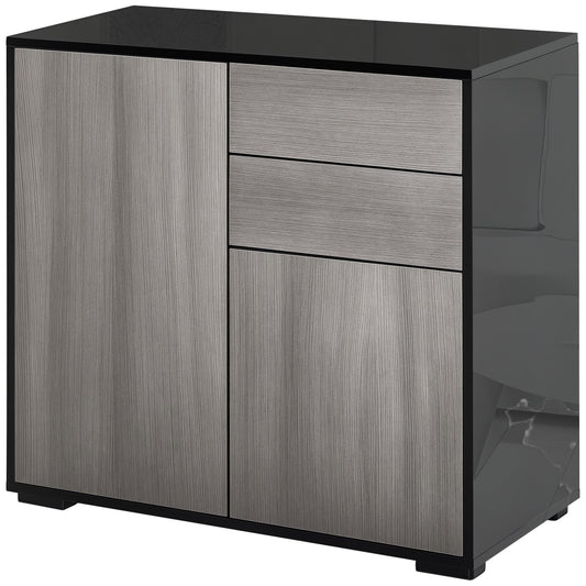High Gloss Frame Sideboard, Push-Open Design with 2 Drawer for Living Room, Bedroom, 74H x 79W x 36Dcm, Light Grey and Black