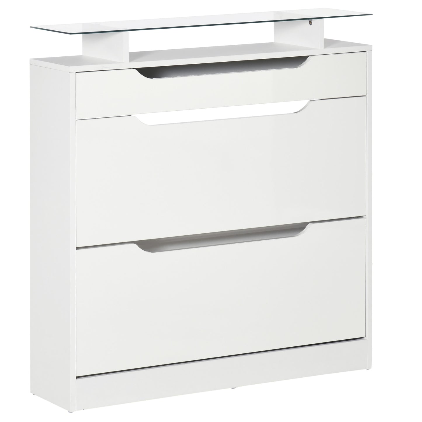 Shoe Storage Cabinet with Slide Out Drawer, 2 Flip Doors, Tempered Glass Top - White